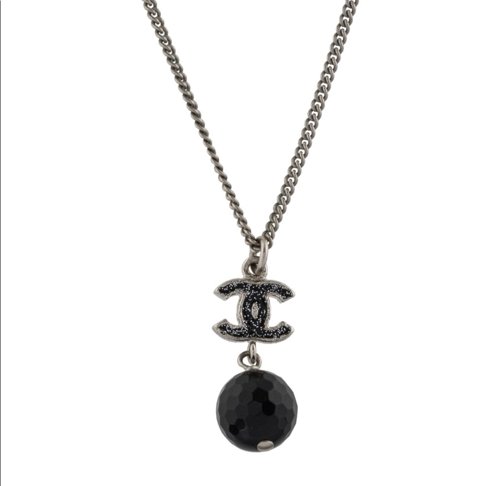 Chanel Black & Silver CC Onyx Pendant Necklace